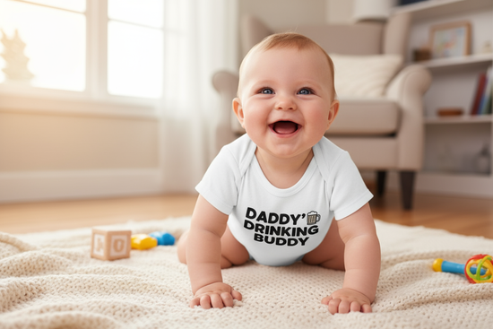Daddy's Drinking Buddy Cute Baby Bodysuit -( a kid wearing this cloths playfully )